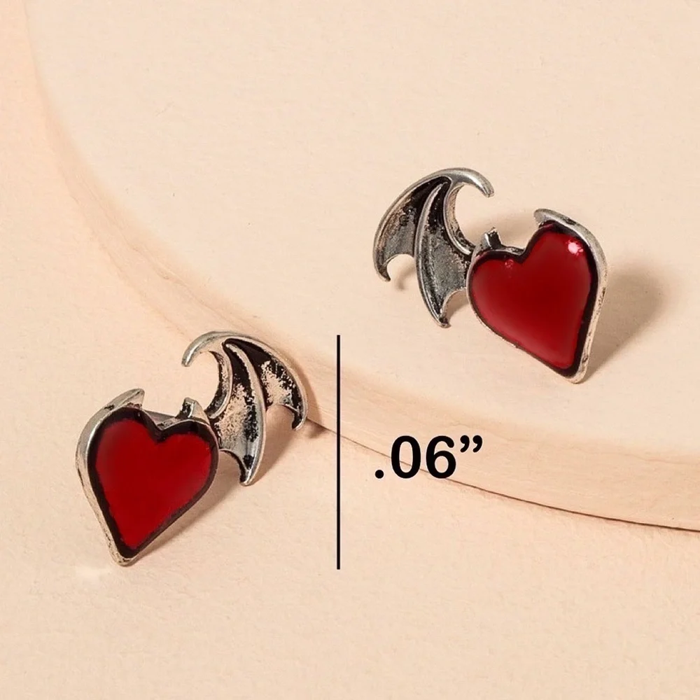 Red/Silver Winged Heart Stud Earrings - Picture 3 of 4